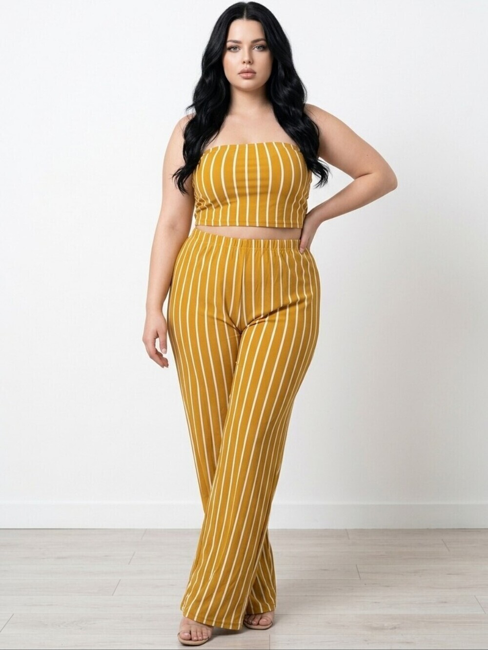 NWT Capella Golden Mustard Bodycon Striped Tube Top and Pants Set ~3X